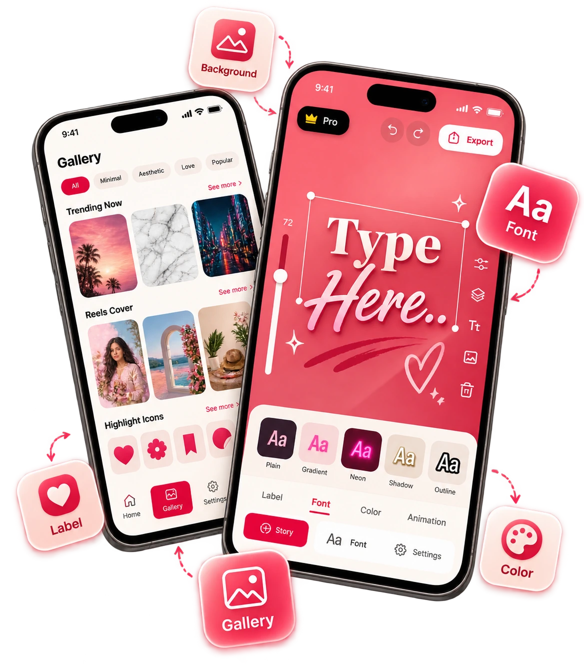 Fontiva app on two phones with floating design elements